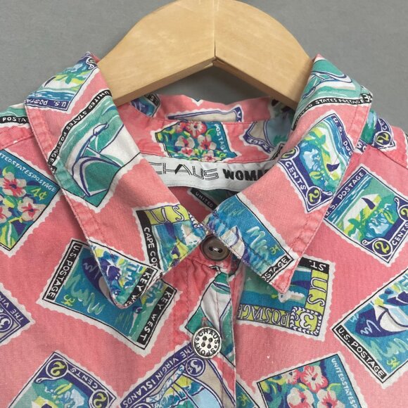 Vintage Shirt Postage Stamp Pattern Novelty Print Short Sleeve Plus Sz 22 Women - Picture 1 of 16